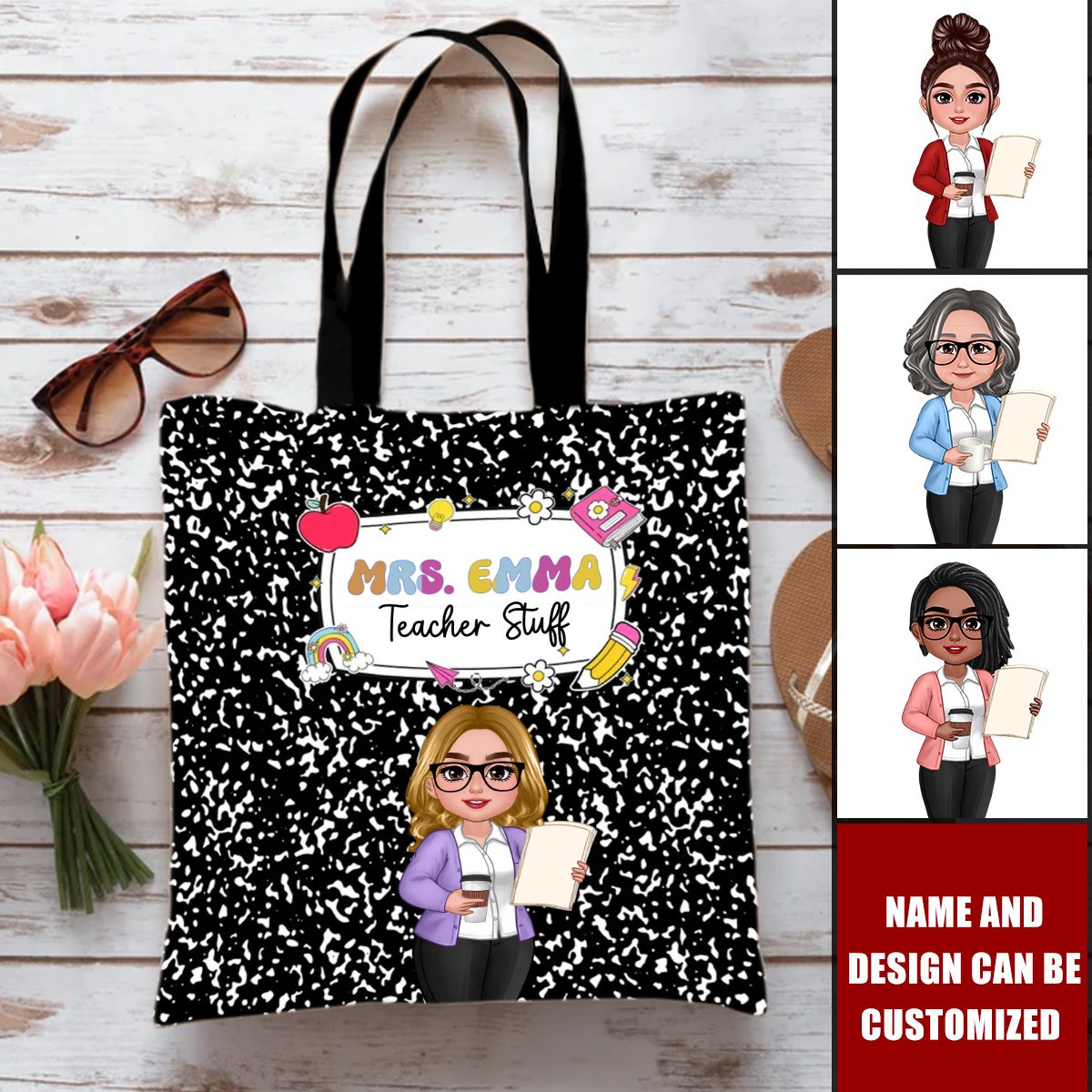 Teacher Composition Book Pattern Personalized Tote Bag, Back To School Gift For Teacher