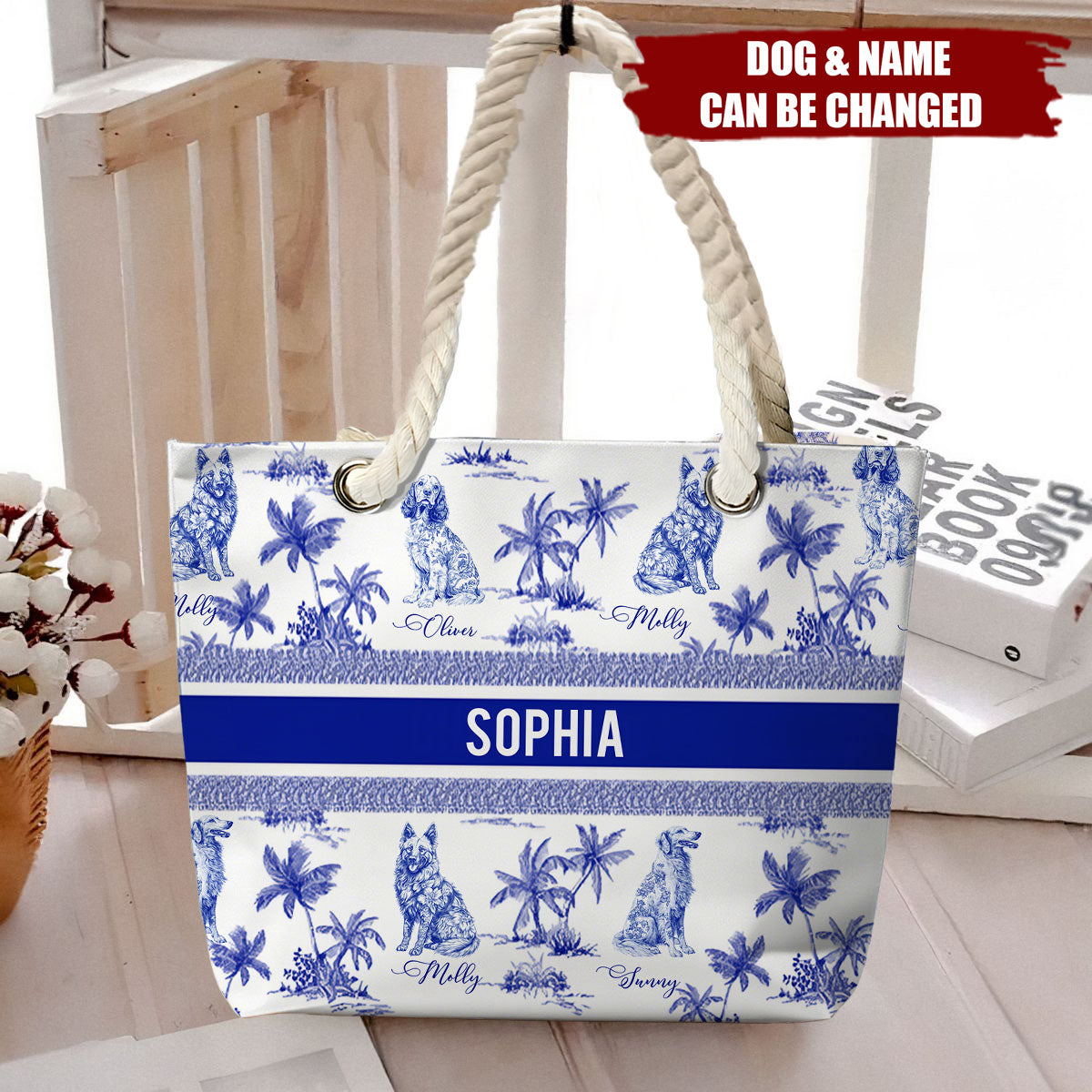 Dog Mom Toile De Jouy Summer French Style - Personalized Beach Bag